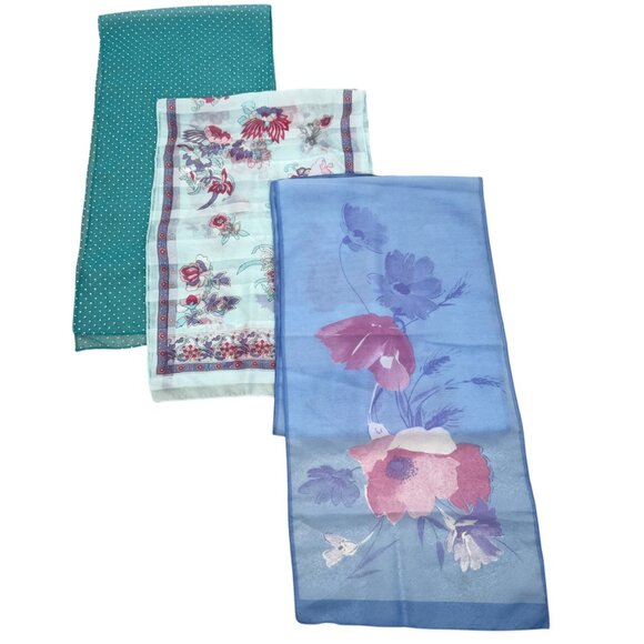 Womens Vintage Sheer Long Scarves Lot of 3 Floral And Polka Dot Head Neck - Picture 11 of 12